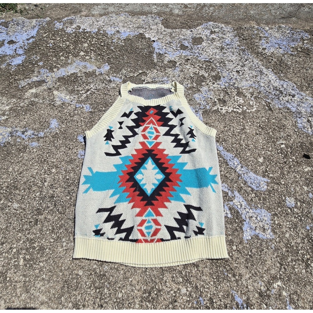 Southwest Western Knitted Tank Top Sweater Vest Womens Large Tribal Cotton Blue